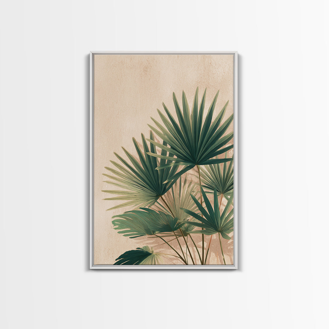 Green Fan Palm Botanical Wall Art, Tropical Leaf Canvas Print, Coastal Boho Living Room Decor, Large Nature Inspired Art