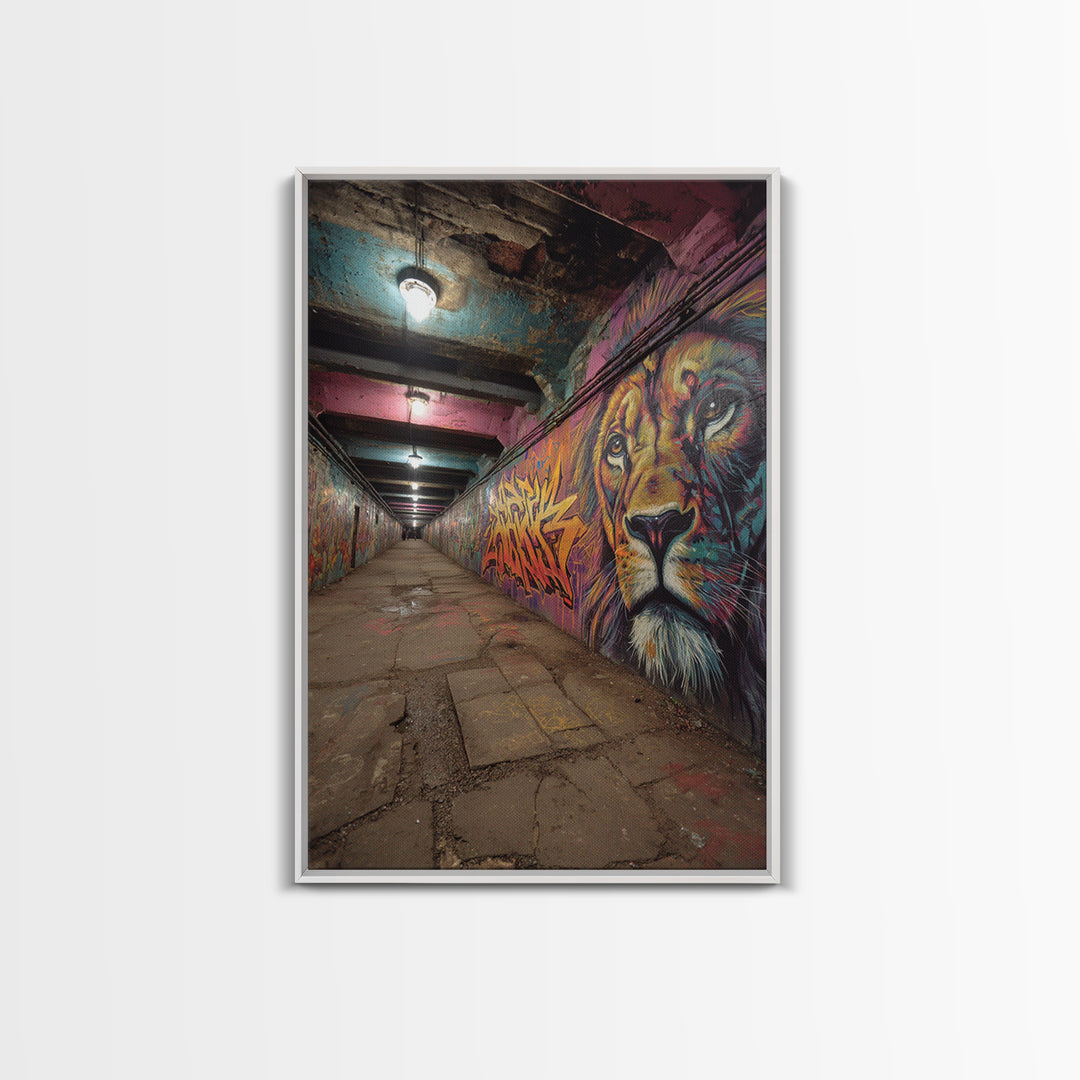 Urban Subway Tunnel Animal Graffiti Wall Art Colorful Lion Mural Framed Canvas Print For Street Art Lovers And Man Cave