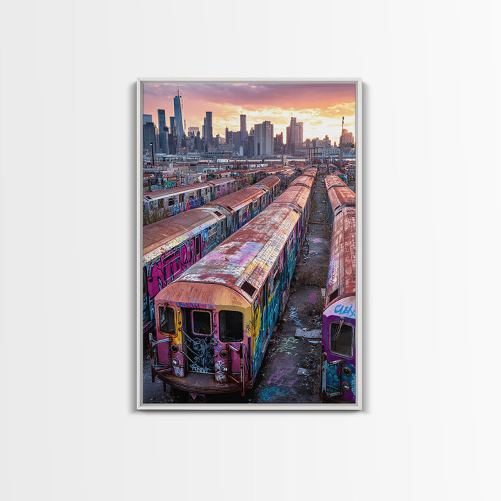 Abandoned Graffiti Covered Subway Trains Cityscape Urban Wall Art Print | Modern Wall Art Home Decor Gift For Him