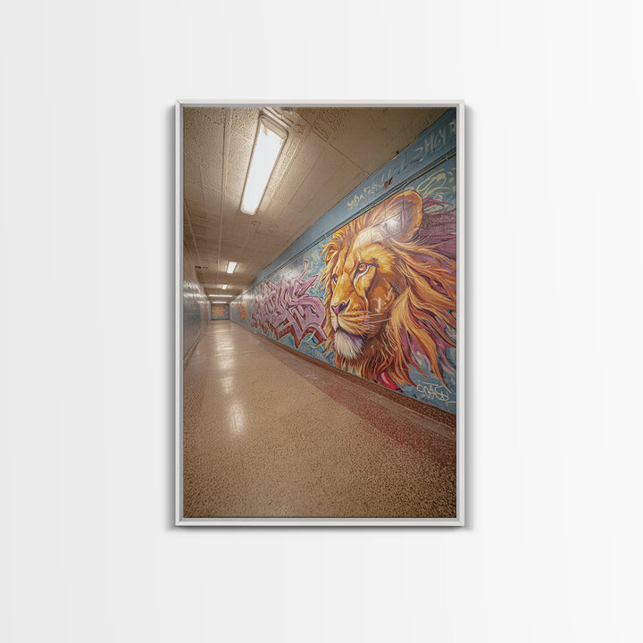 Artistic Lion Mural In City Tunnel Hallway Urban Street Art Decor | Vibrant Wall Art Print For Home Or Office Framed Canvas
