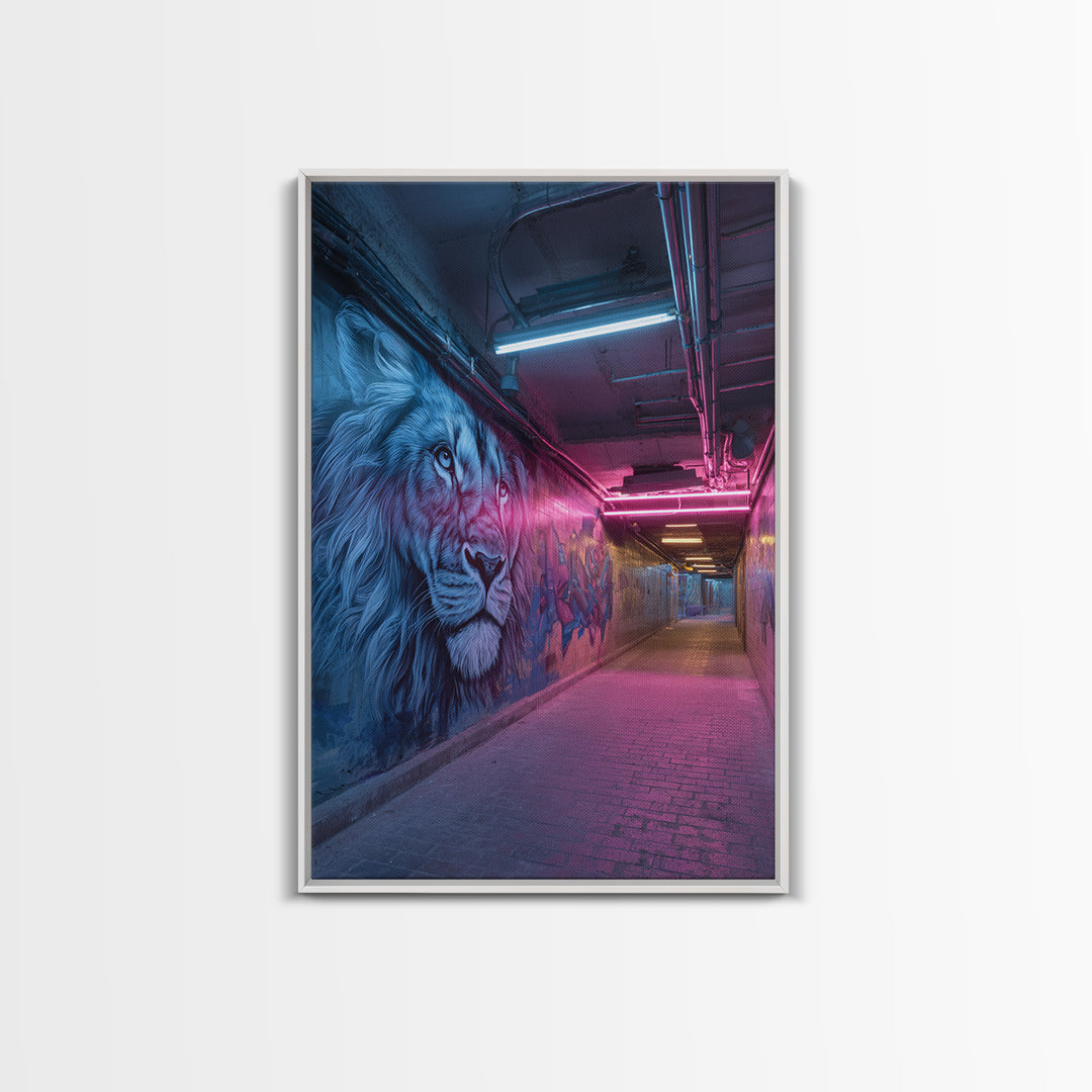 Vibrant Neon Alleyway Street Art With Majestic Lion Mural Wall Art Framed Canvas Print For Urban Home Decor