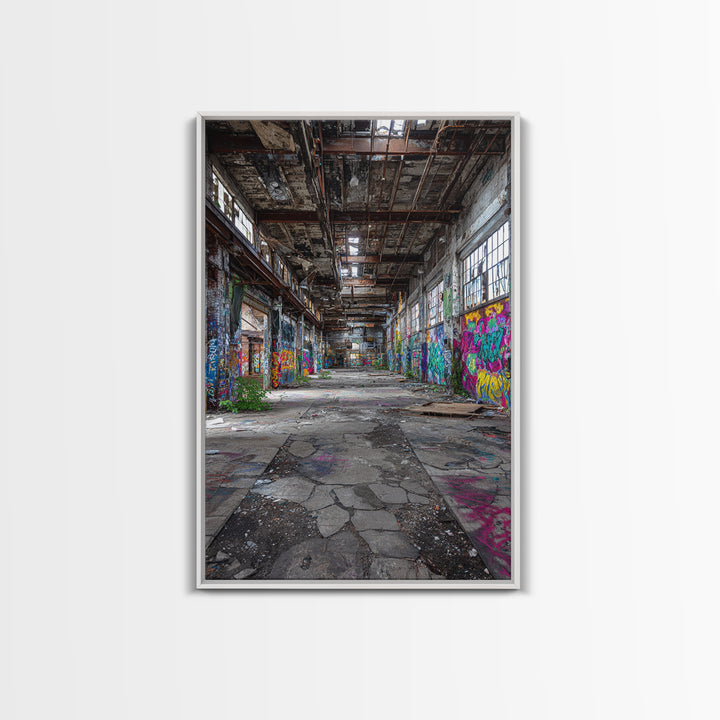 Vibrant Urban Graffiti In Abandoned Warehouse Wall Art Decor Framed Canvas Print For Modern Home Decor