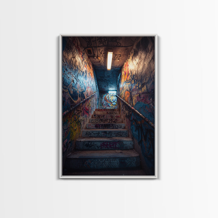 Urban Graffiti Stairwell With Vibrant Street Art Mural And Neon Lights Canvas Print Modern Wall Art For Home Decor And Office