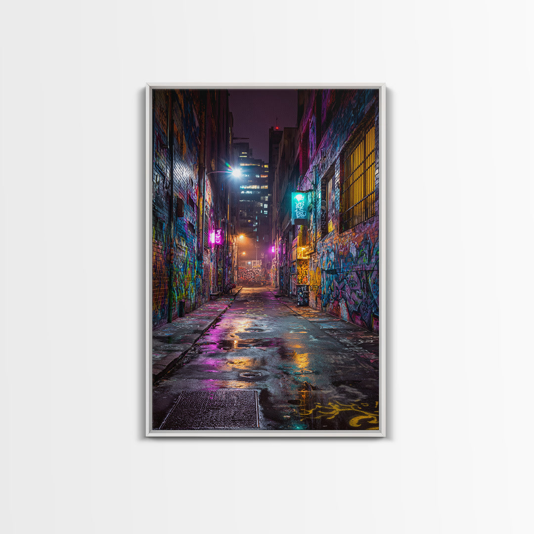 Neon Lit Graffiti Covered Alleyway Night Scene Urban Wall Art Modern Canvas Print For Eclectic Home And Office Decor