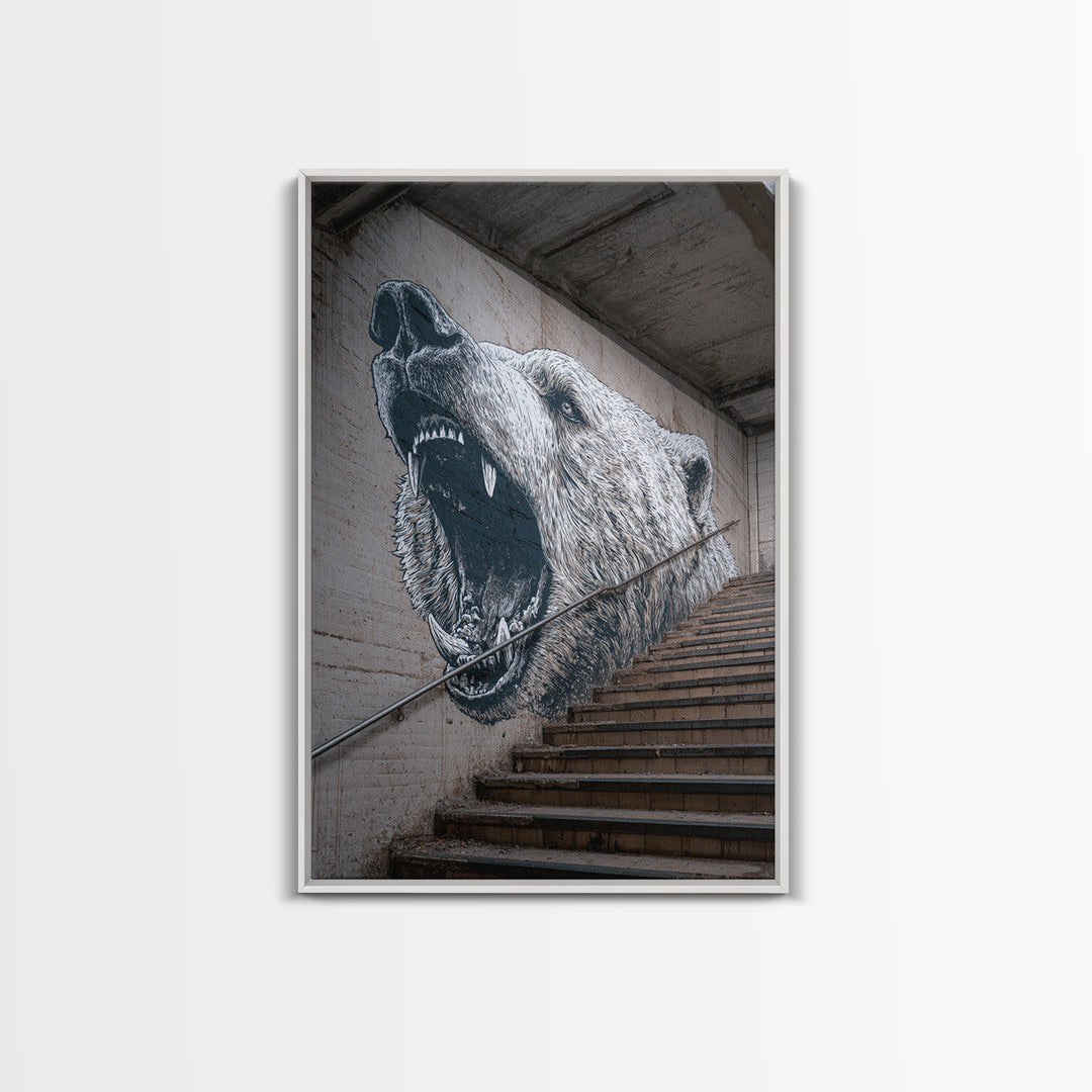 Striking Bear Mural Street Art On Staircase Wall Art Urban Canvas Print Vibrant Outdoor Wall Decor