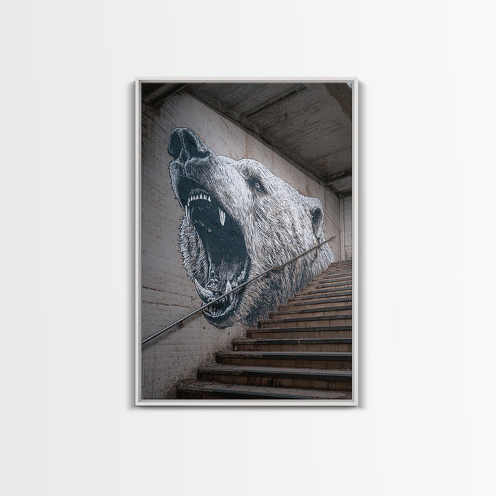 Striking Bear Mural Street Art On Staircase Wall Art Urban Canvas Print Vibrant Outdoor Wall Decor