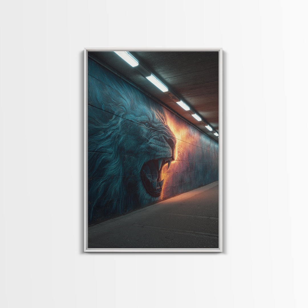 Roaring Lion Graffiti Street Art Mural With Dramatic Lighting Urban Wall Art Canvas Print