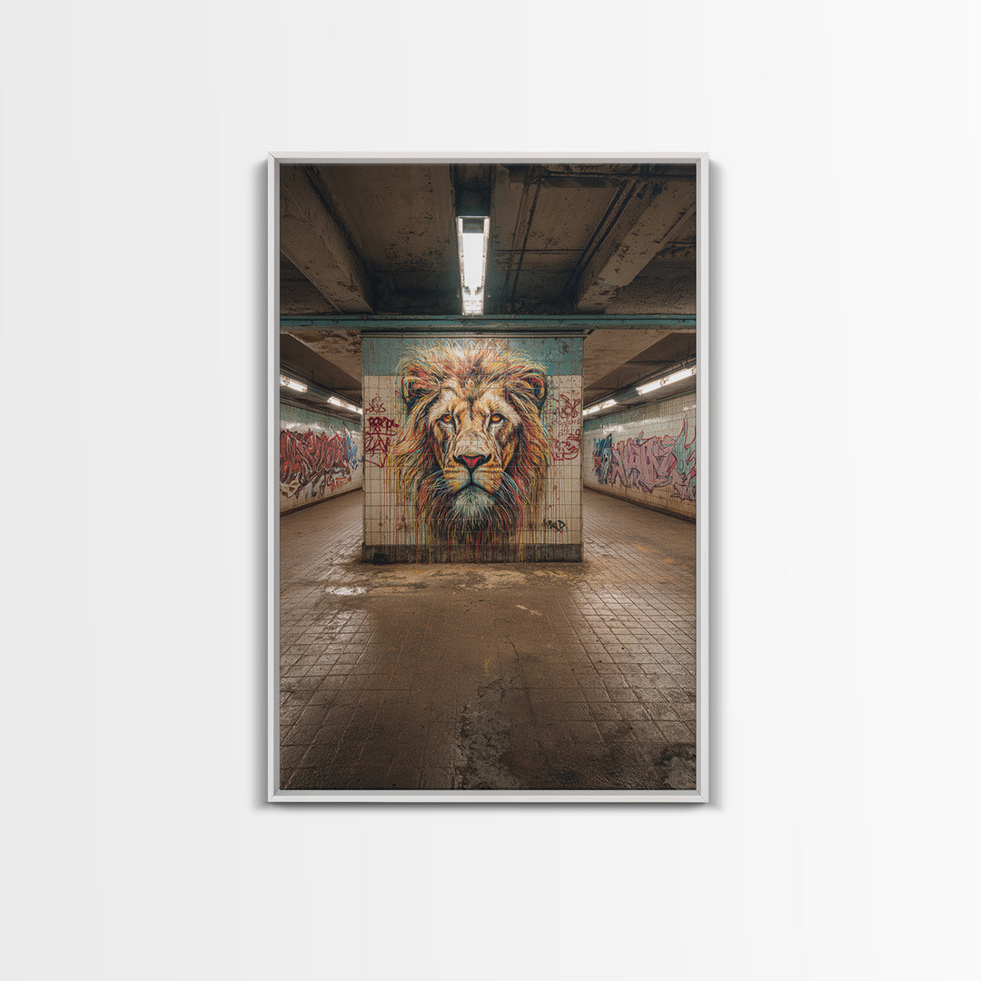 Powerful Lion Portrait Street Art Mural In Urban Tunnel Photography Wall Art Canvas Print For Bold Home Decor