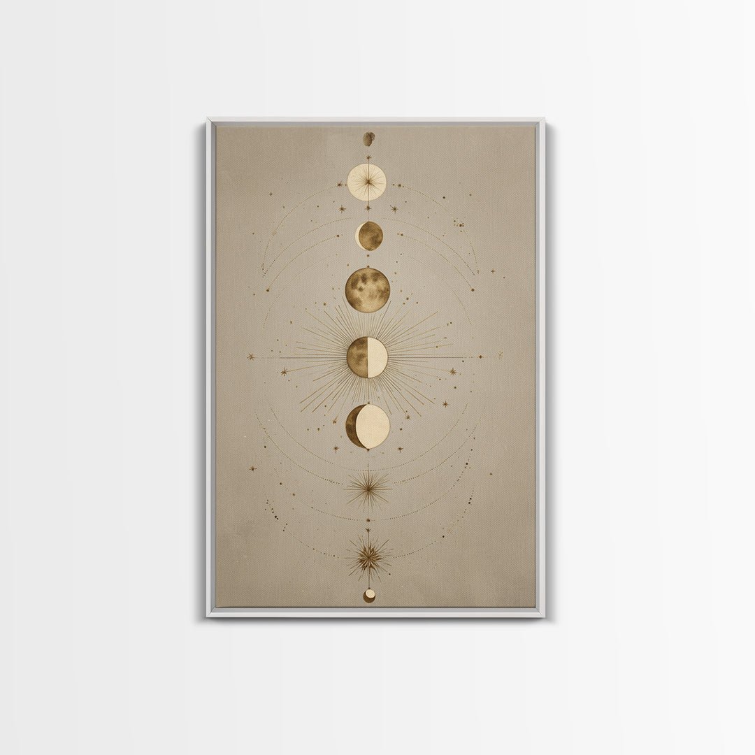 Gold Moon Phases Celestial Wall Art, Mystical Astrology Canvas Print, Boho Lunar Decor For Bedroom Or Meditation Room Decor