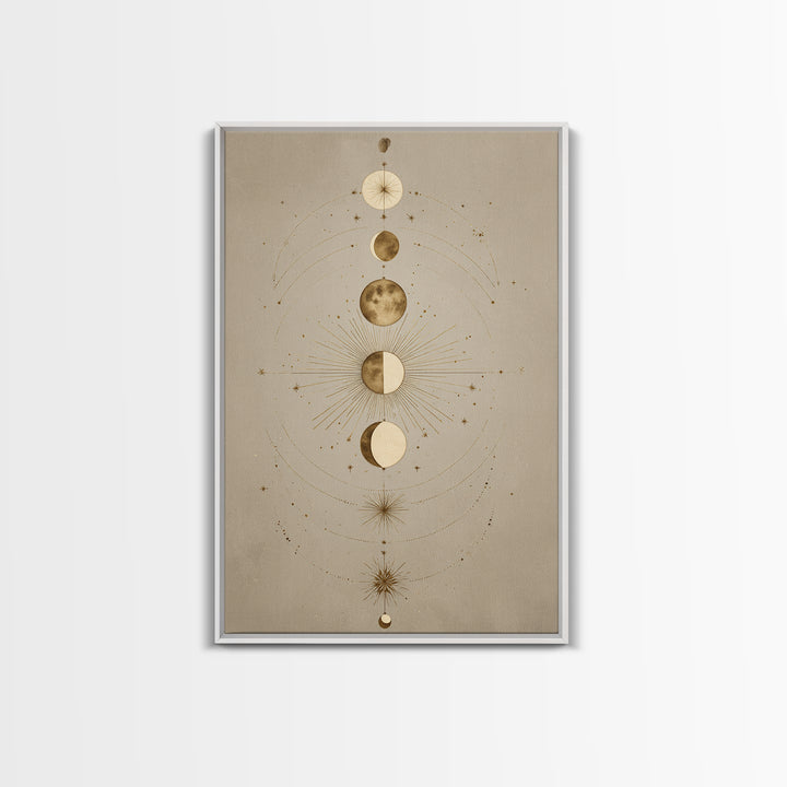 Gold Moon Phases Celestial Wall Art, Mystical Astrology Canvas Print, Boho Lunar Decor For Bedroom Or Meditation Room Decor