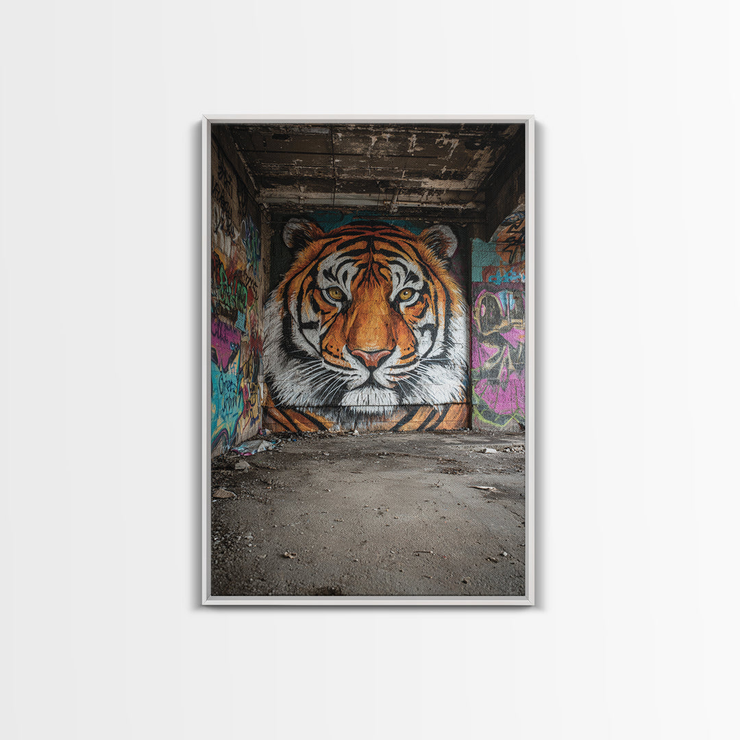 Vibrant Tiger Mural Street Art Urban Wall Art Perfect Framed Canvas Print For Eclectic Living Room Decor Or Gift