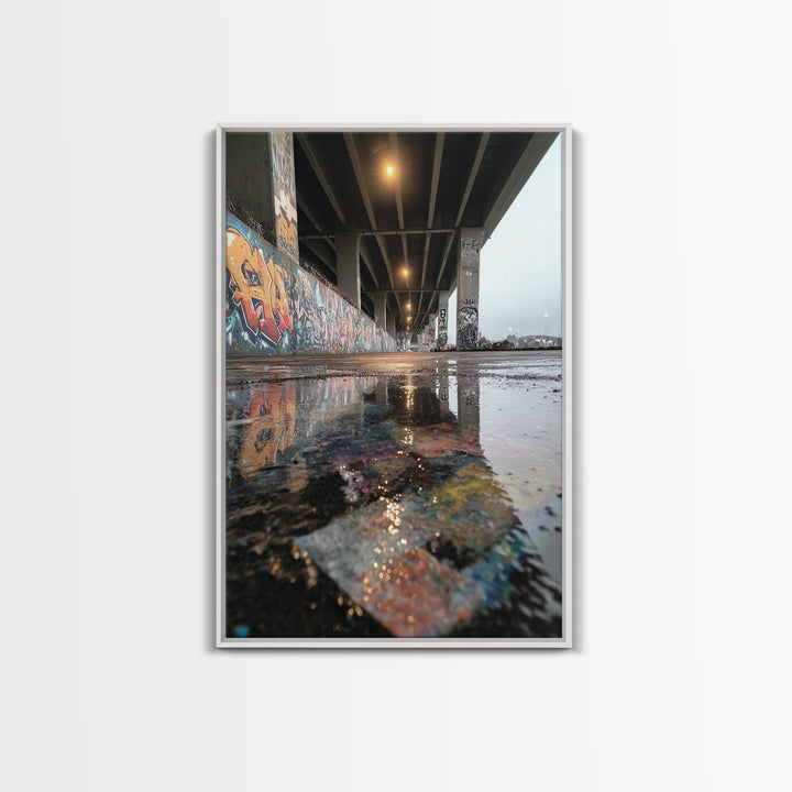 Urban Street Art Graffiti Under Bridge Reflected In Water Puddles Downtown Photographic Wall Art