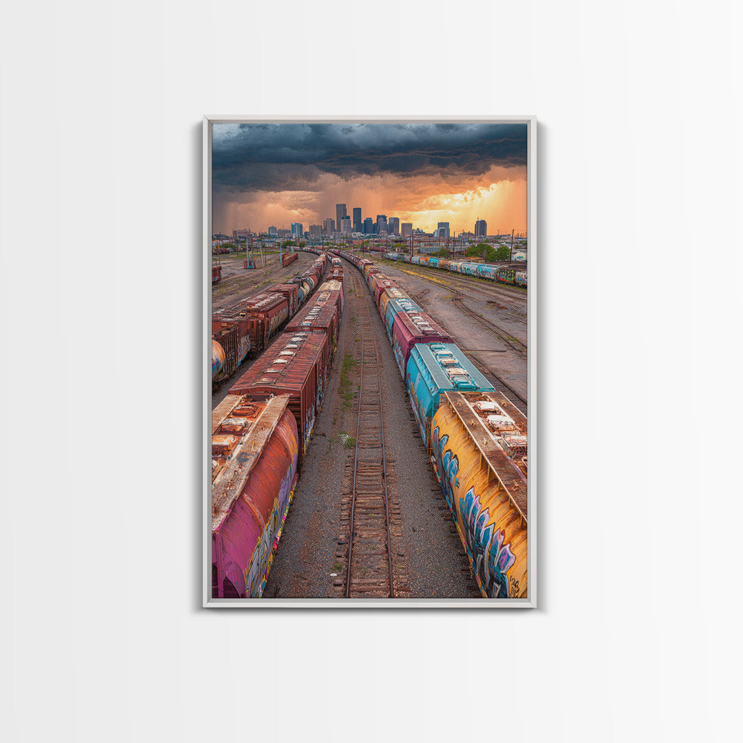 Train Yard Industrial Landscape With Rusty Graffiti Paintings | Contemporary Wall Art Urban Decor Framed Canvas Print