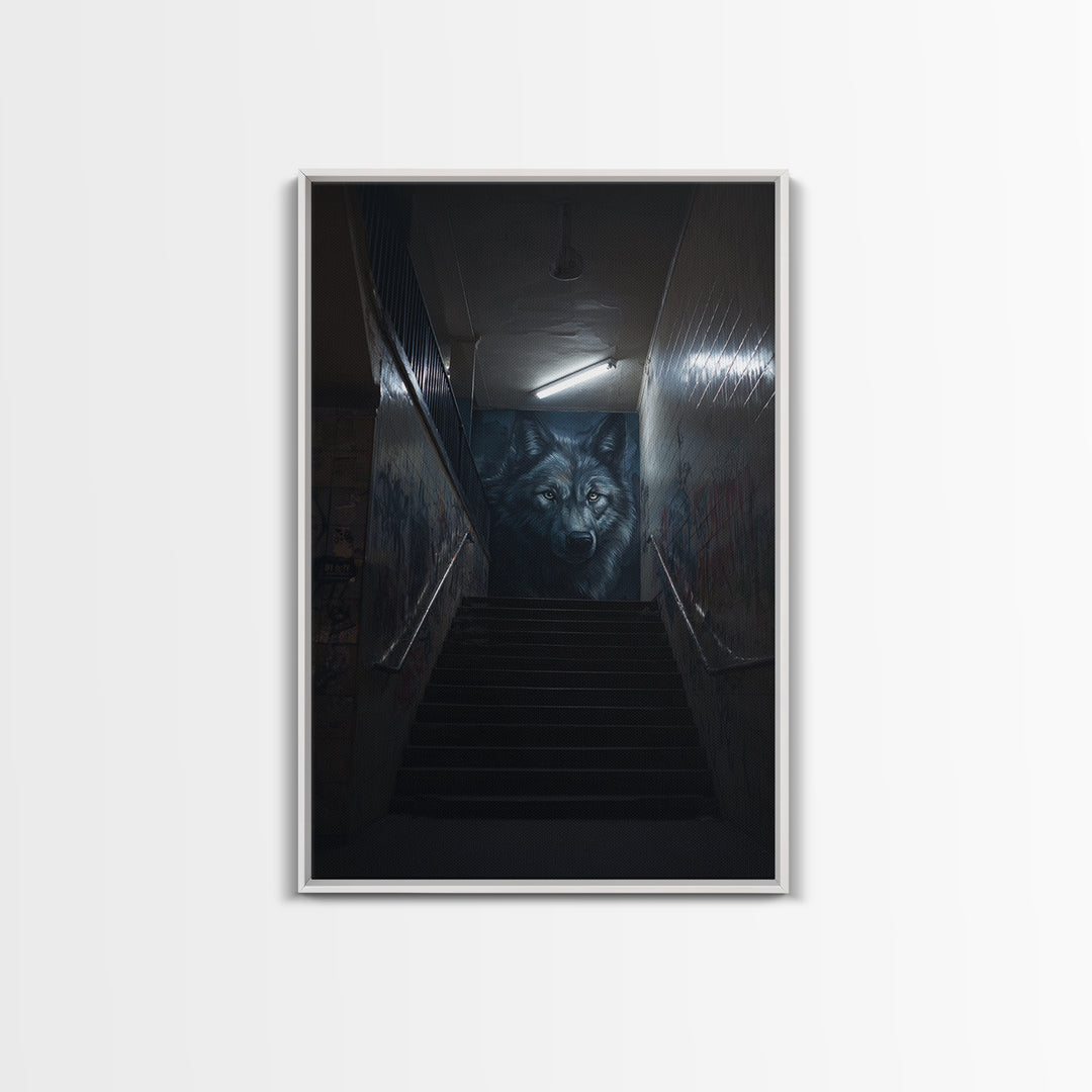 Urban Graffiti Alleyway With Detailed Wolf Mural Street Art Canvas Print Wall Art For Modern Living Room And Office Wall Decor