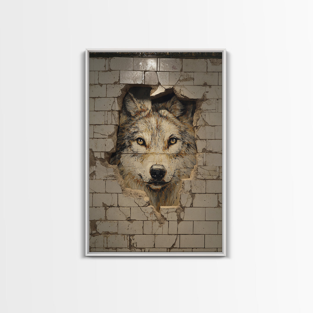Lion Portrait Painted On Broken Wall Tiles Urban Street Art Mural Wall Art Framed Canvas Print For Edgy Home Decor