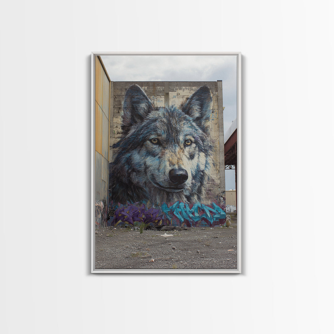 Massive Wolf Mural Graffiti On Urban Wall Featuring Detailed Animal Portrait Vibrant Street Art Print