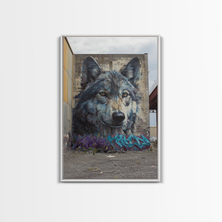 Massive Wolf Mural Graffiti On Urban Wall Featuring Detailed Animal Portrait Vibrant Street Art Print