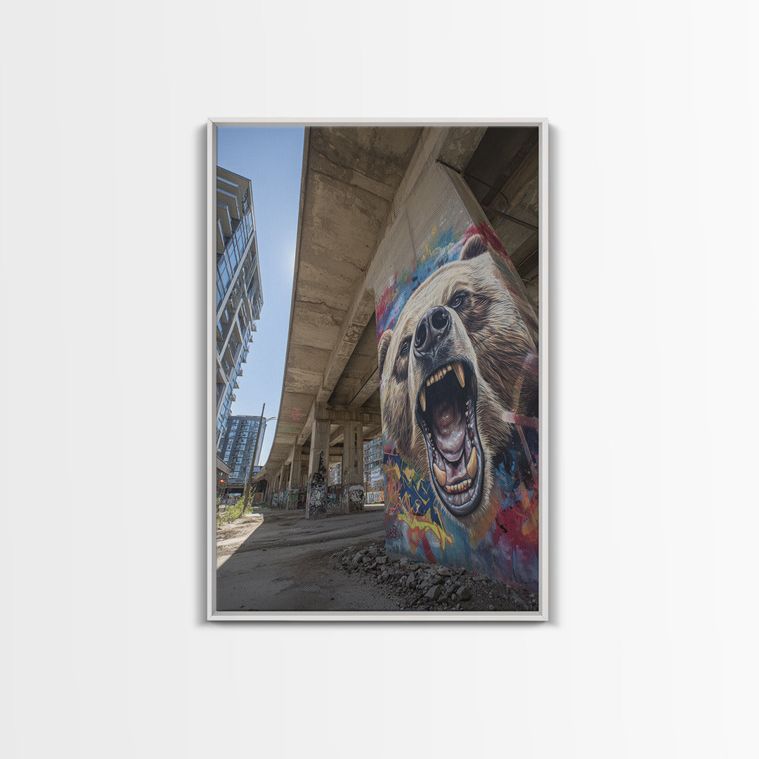 Roaring Grizzly Bear Graffiti Mural Under Concrete Bridge Wall Art For Man Cave And Urban Home Decor