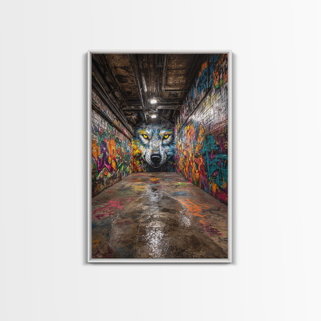 Colorful Wolf Graffiti Street Art Urban Wall Art Print Home Decor Vibrant Alley Framed Canvas Print