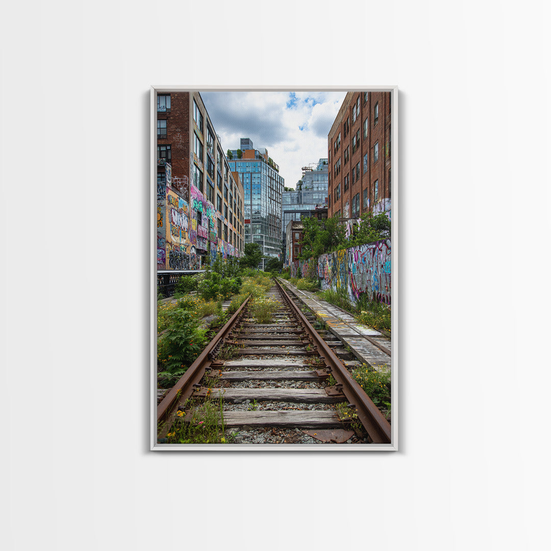 Urban Overgrown Railway Track Between Graffiti Walls In City - Contemporary Wall Art Canvas Print For Modern Decor