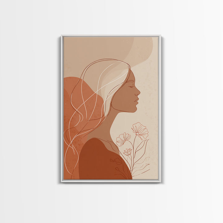 Minimalist Woman Profile With Flowers Wall Art, Terracotta Line Art Canvas Print, Feminine Boho Bedroom Decor Gift For Her