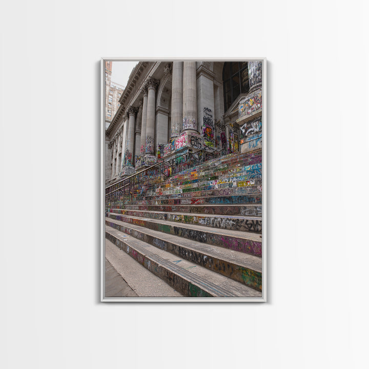 Vibrant Graffiti Covered Urban Steps Photography Wall Art Framed Canvas Print For Modern Industrial Home Decor