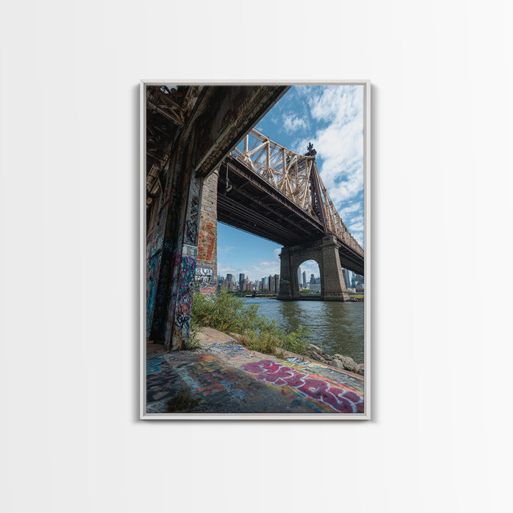 Urban Bridge And Graffiti Wall Over River Cityscape Photography Canvas Print Wall Art For Living Room Or Office Decor