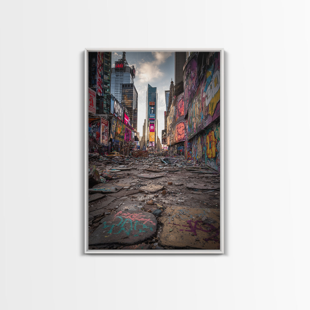 Post Apocalyptic Times Square Urban Ruins Photography Wall Art Print With Graffiti And Debris For Modern Home And Office Decor