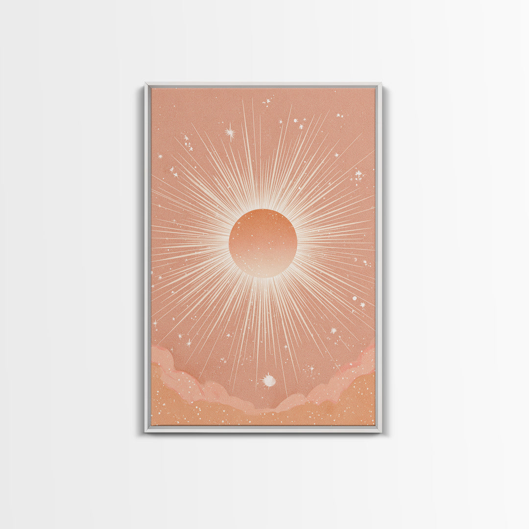 Radiant Peach Sunburst Celestial Wall Art, Boho Sun And Moon Art Print, Warm Neutral Bedroom Decor, Gift For Her, Modern Home Decor