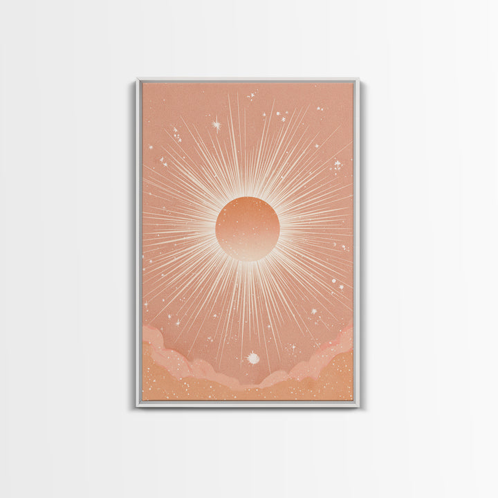 Radiant Peach Sunburst Celestial Wall Art, Boho Sun And Moon Art Print, Warm Neutral Bedroom Decor, Gift For Her, Modern Home Decor