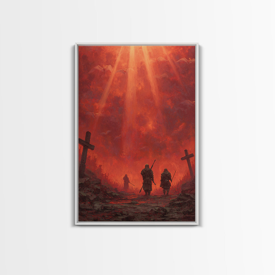 Fiery Red Apocalypse Scene With Warriors And Crosses Dramatic Fantasy Art Canvas Print Perfect Statement Wall Art For Home Decor