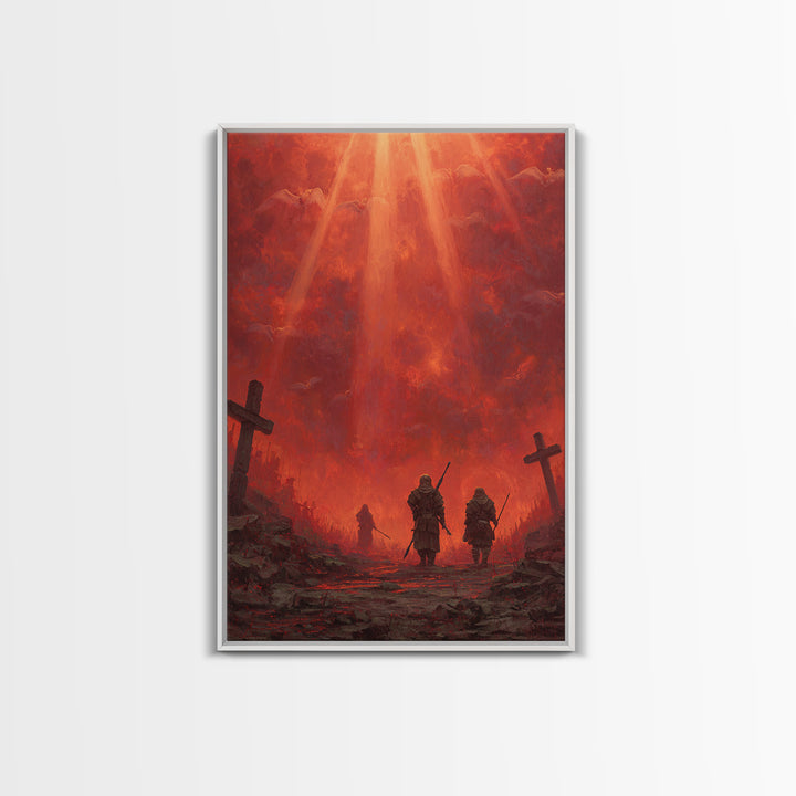 Fiery Red Apocalypse Scene With Warriors And Crosses Dramatic Fantasy Art Canvas Print Perfect Statement Wall Art For Home Decor