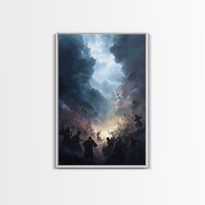 Epic Battle Between Angels Warriors In Dramatic Sky Fantasy Artwork Wall Art Framed Canvas Print For Home Decor
