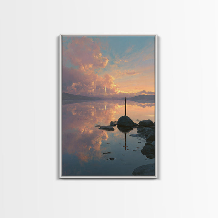 Sunset Over Calm Lake With Reflective Clouds And A Lone Sword Creative Canvas Print Wall Art For Home And Office Decoration