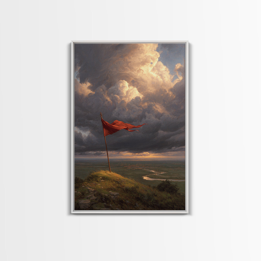 Majestic Flag On Hill Stormy Sky Landscape Painting Wall Art Rustic Home Decor Canvas Print For Living Room And Office