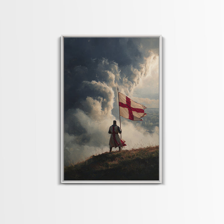 Epic Angelic Warrior In Golden Armor Holding Sword Against Stormy Sky Dramatic Religious Wall Art Framed Canvas Print
