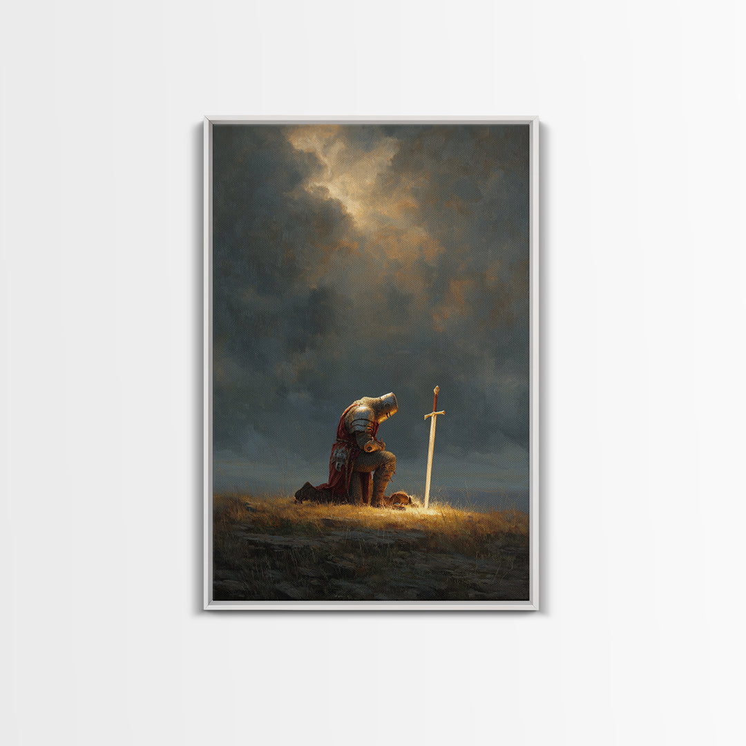 Knight Kneeling Beside Sword With Stormy Sky Dramatic Medieval Armor Wall Art Canvas Print For Office Decor