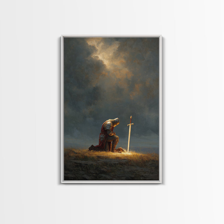 Knight Kneeling Beside Sword With Stormy Sky Dramatic Medieval Armor Wall Art Canvas Print For Office Decor