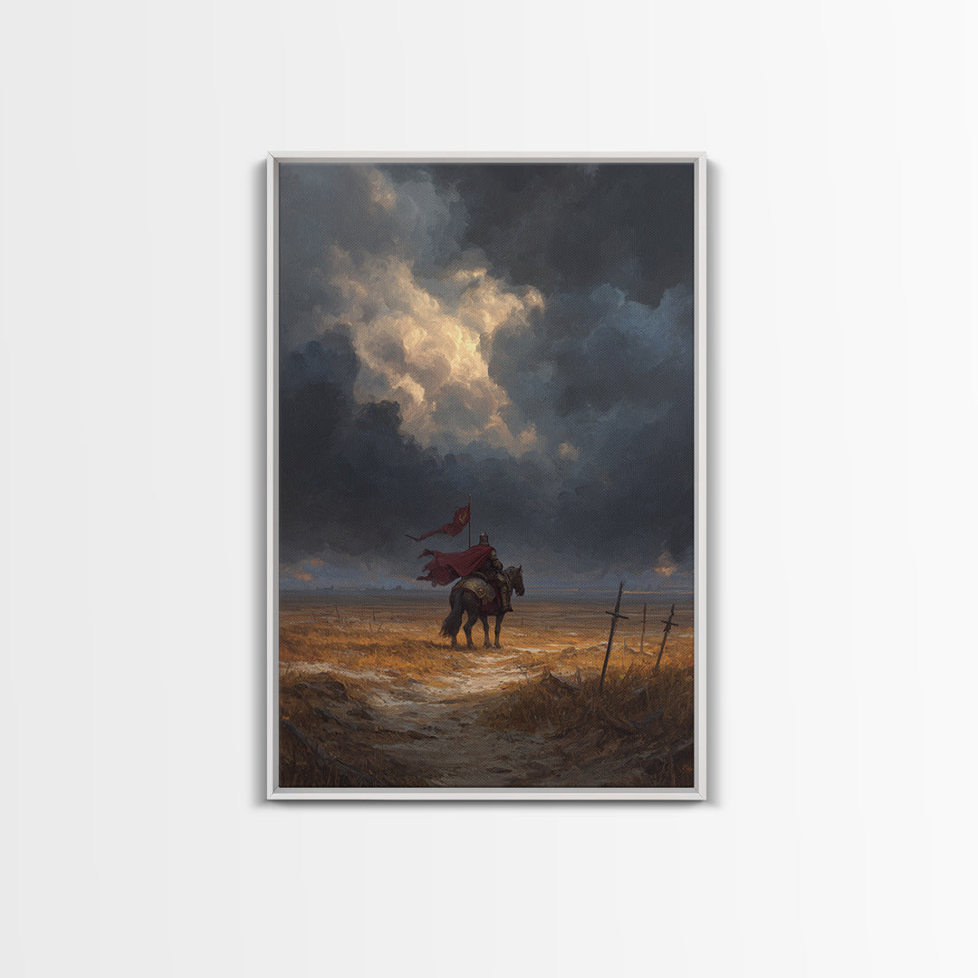 Medieval Knight On Horse With Red Cape Overcast Sky Canvas Print Original Wall Art For Office And Home