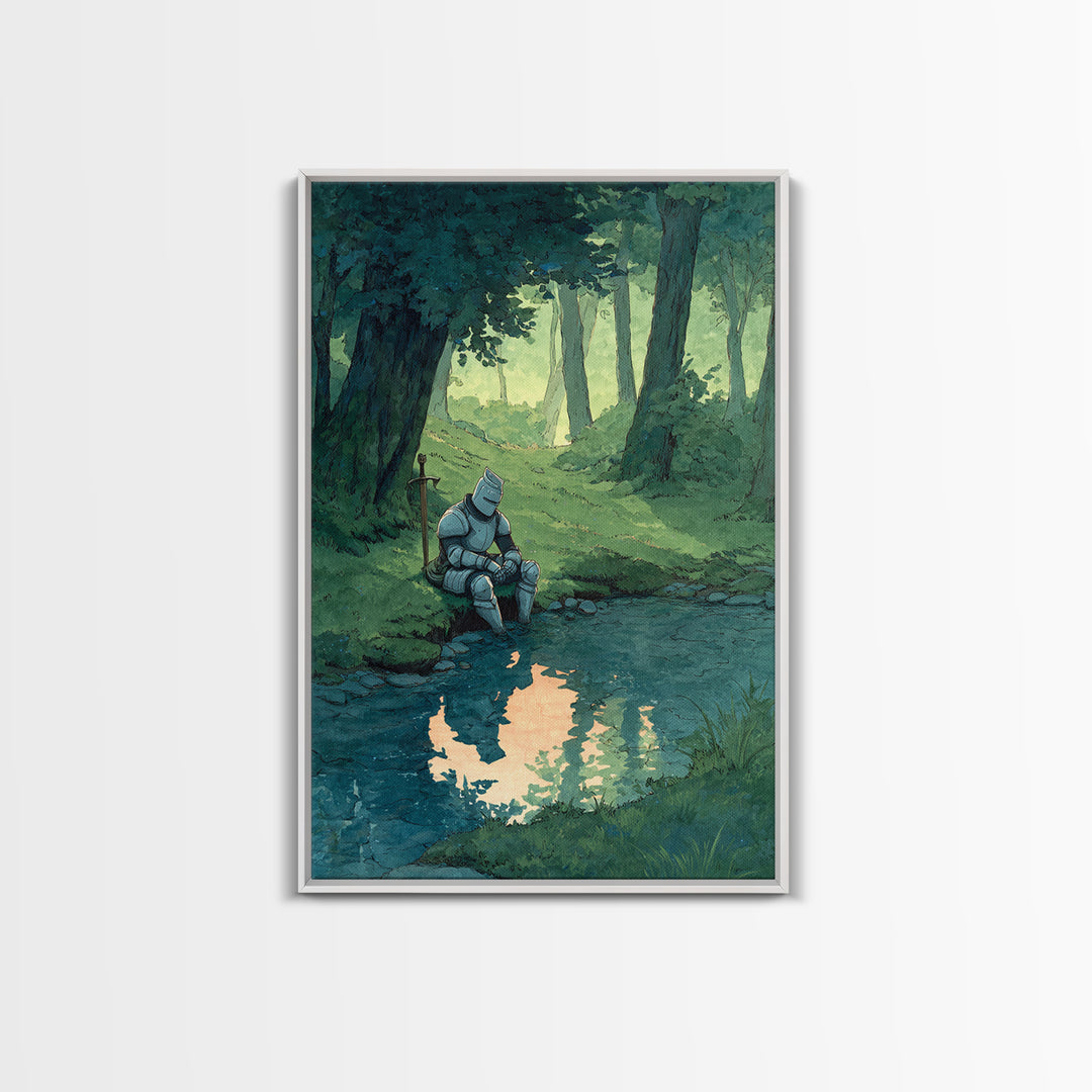 Solitary Knight In Medieval Armor Sitting Beside Forest Stream Original Wall Art With Contemporary And Fantasy Decor
