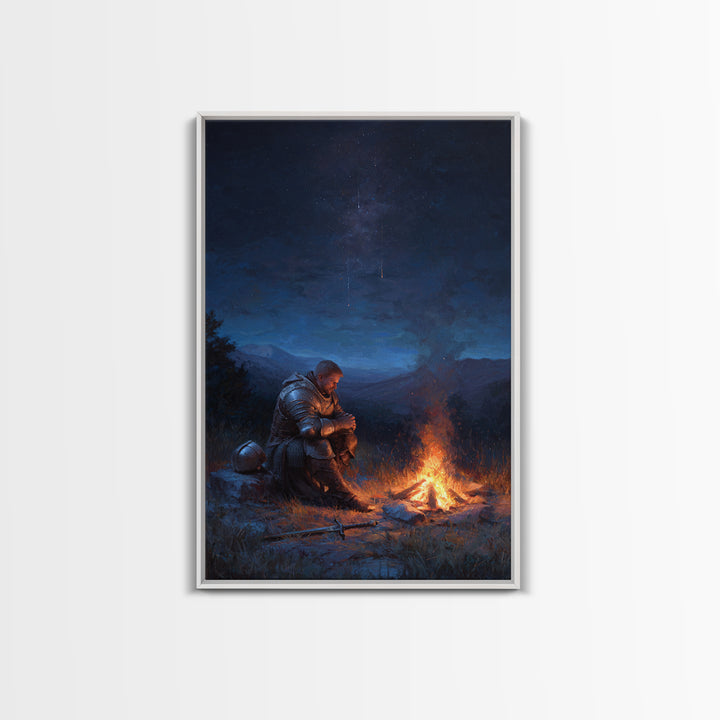 Knight Praying By Campfire In Armor At Night Meditative Fantasy Wall Art Framed Canvas Print For Home Decor