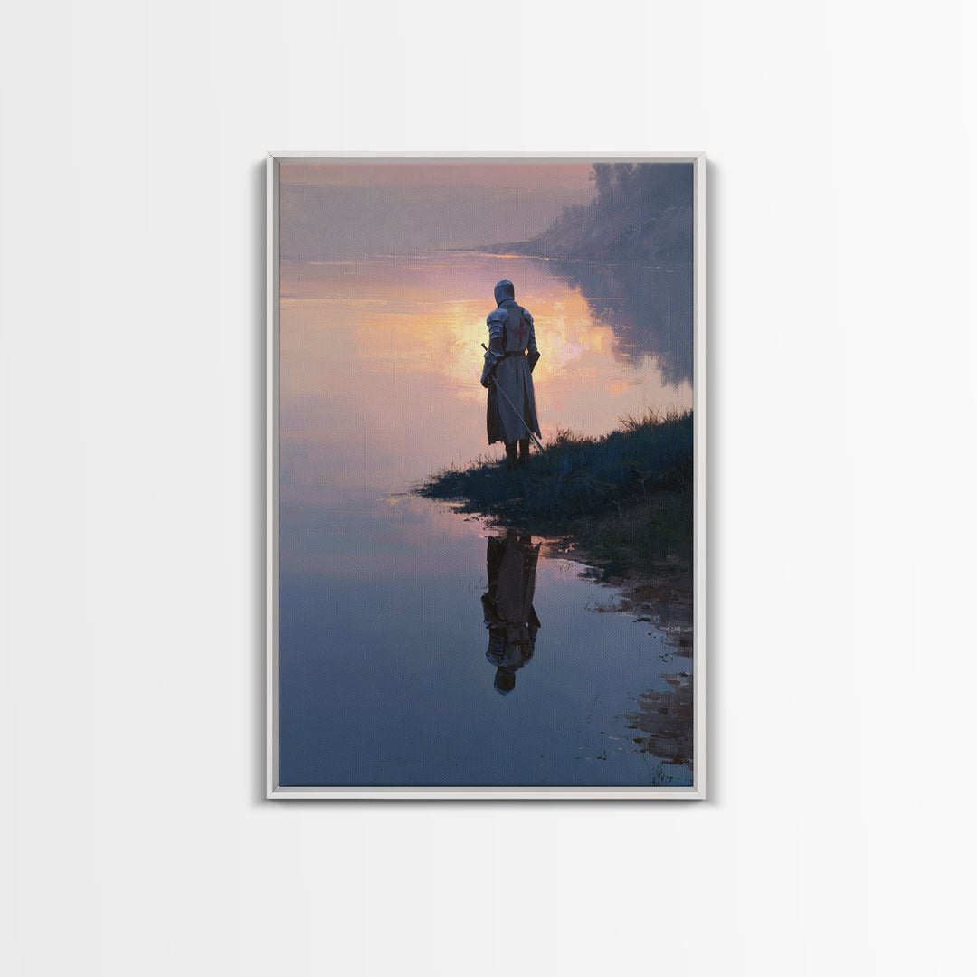 Knight In Sunlight Praying Under Mighty Oak Tree Painting Medieval Religious Wall Decor Framed Canvas Print For Home Office Or Spiritual Wall Art