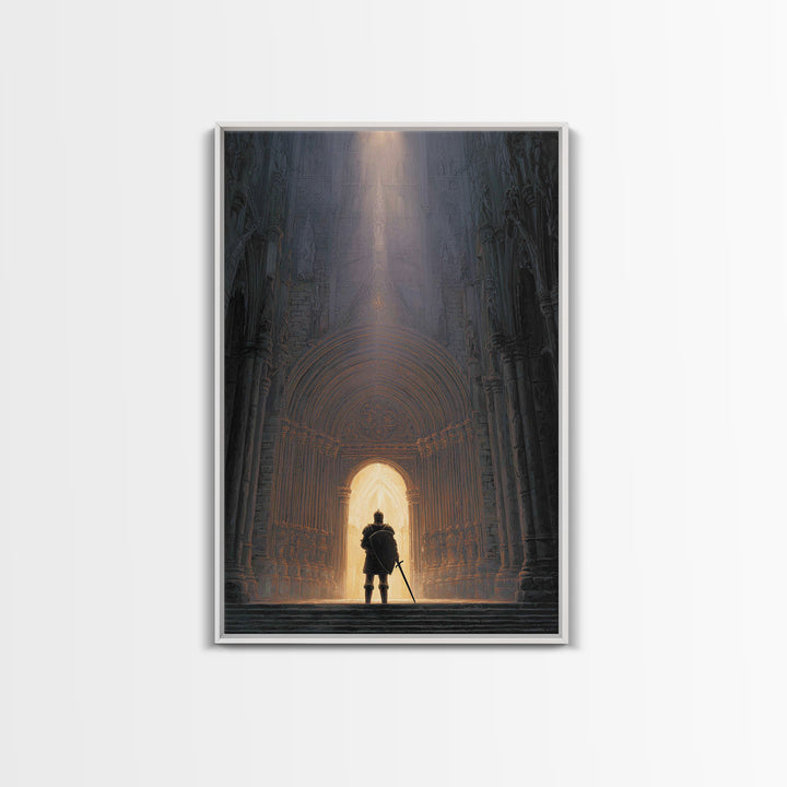Medieval Knight Standing In Cathedral Doorway With Light Beam Canvas Print Modern Wall Art For Office Decor