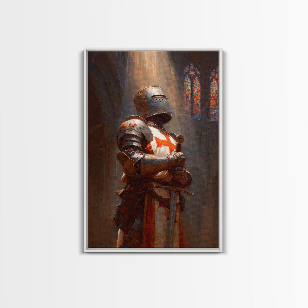 Crusader Knight In Cathedral Sunlight Oil Painting Wall Art Framed Canvas Print Medieval Historical Artwork For Man Cave
