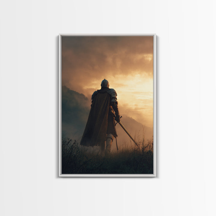 Knight In Shining Armor Facing Dramatic Sky Digital Painting Canvas Print Wall Art For Medieval Decor And Fantasy Ambiance