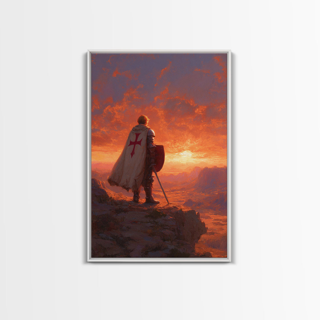 Crusader Knight Standing At Sunset Dramatic Historical Painting Canvas Print Wall Art Medieval Art For Home And Office Decor