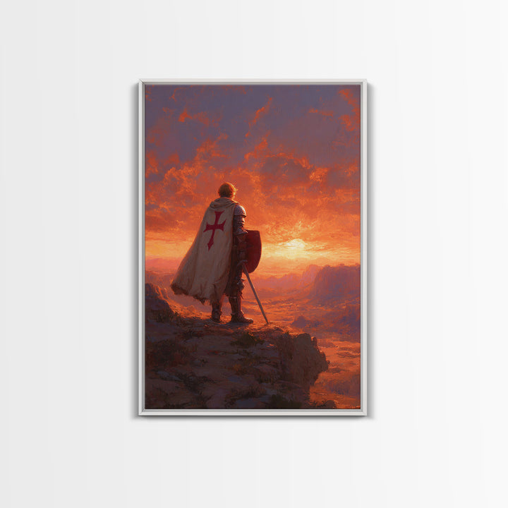 Crusader Knight Standing At Sunset Dramatic Historical Painting Canvas Print Wall Art Medieval Art For Home And Office Decor