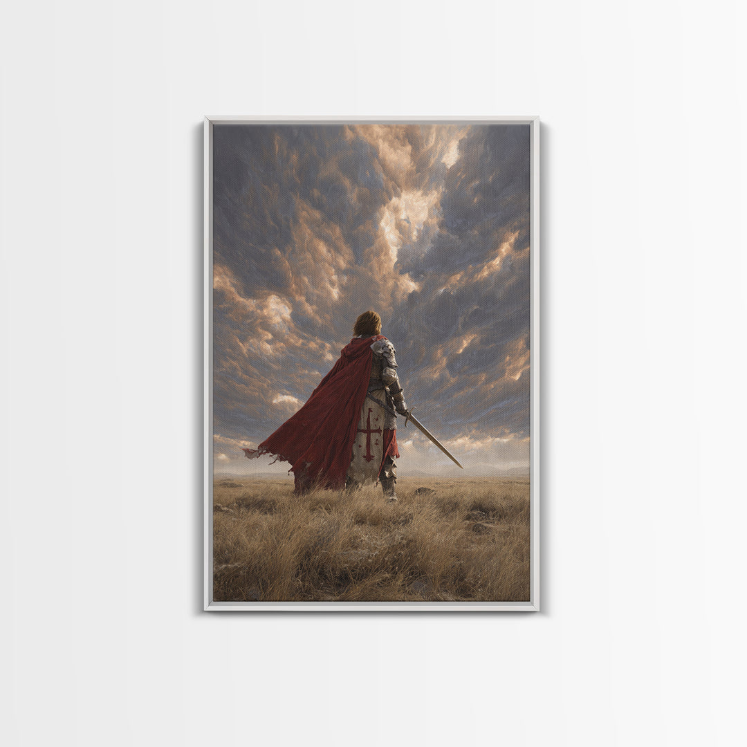 Majestic Knight Kneeling With Sword On Ground Under Dramatic Skies - Captivating Framed Canvas Print For Home