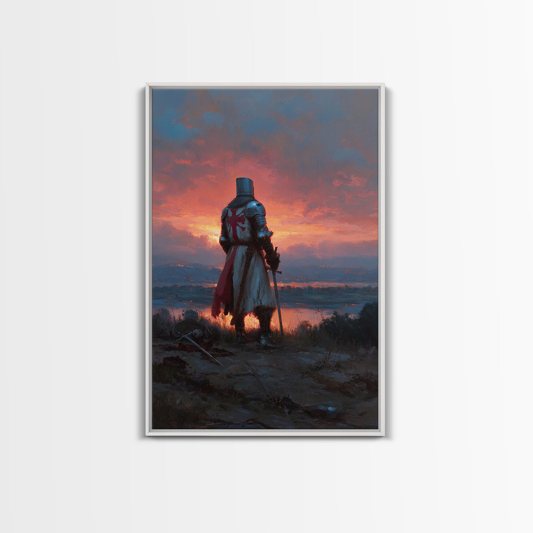 Knight In Armor At Sunset Painting Dramatic Landscape With Medieval Warrior Exploring Emotional Wall Art For Office Decor Or Living Room Framed Canvas Print