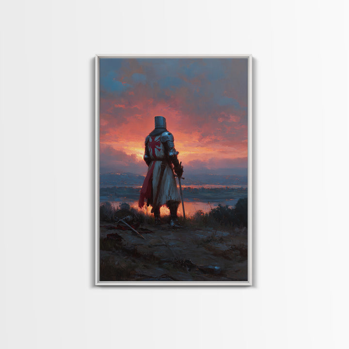 Knight In Armor At Sunset Painting Dramatic Landscape With Medieval Warrior Exploring Emotional Wall Art For Office Decor Or Living Room Framed Canvas Print